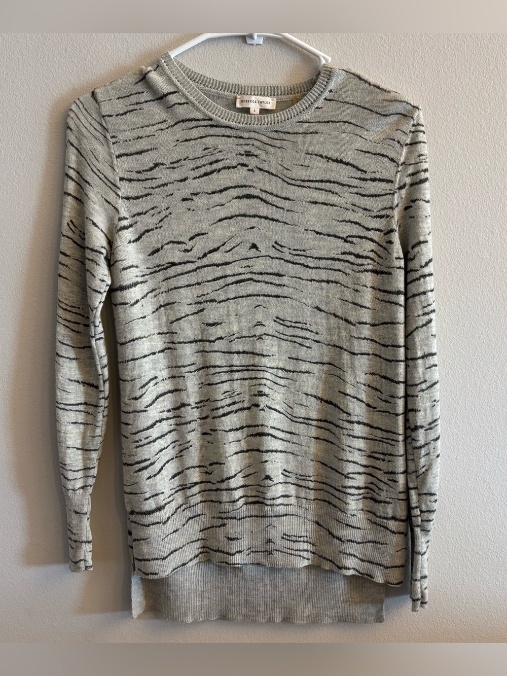 Rebecca Taylor Gray Crewneck Wool Blend Sweater with Black Tiger Stripes Small